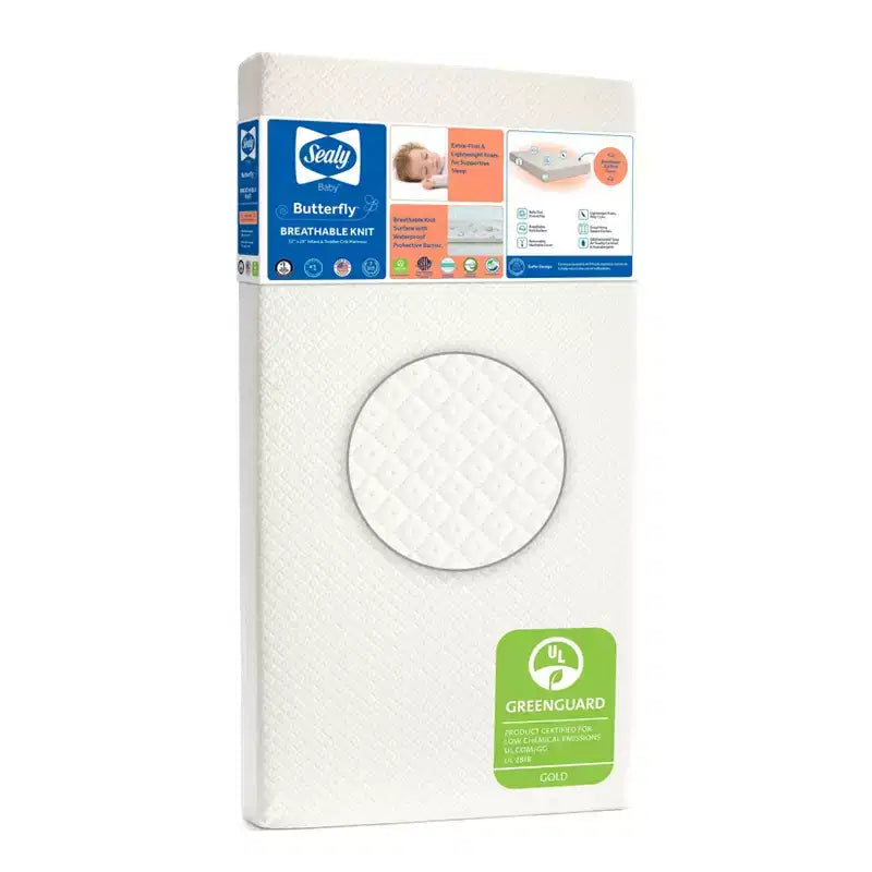 Colchón Sealy Butterfly transpirable de punto para cuna y cama infantil: firme, hipoalergénico, funda impermeable, espuma de alta densidad