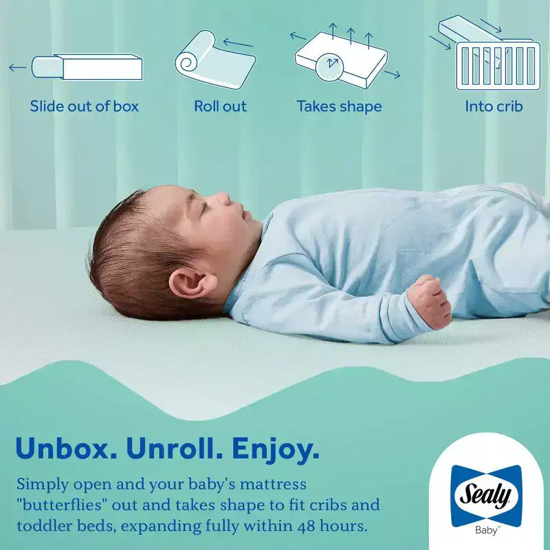 Colchón Sealy Butterfly transpirable de punto para cuna y cama infantil: firme, hipoalergénico, funda impermeable, espuma de alta densidad