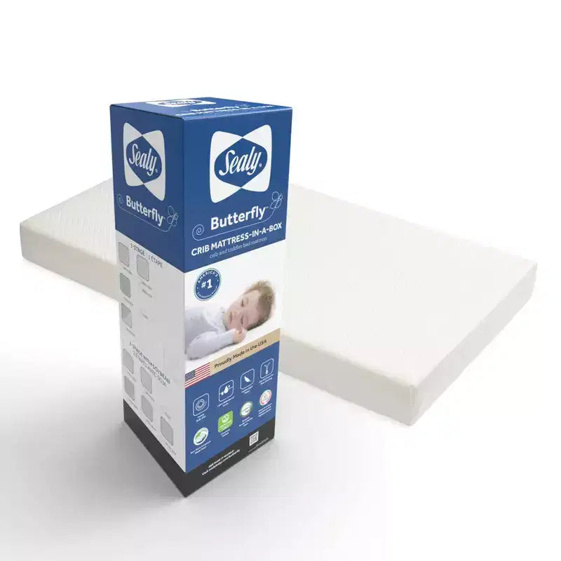 Colchón Sealy Butterfly transpirable de punto para cuna y cama infantil: firme, hipoalergénico, funda impermeable, espuma de alta densidad