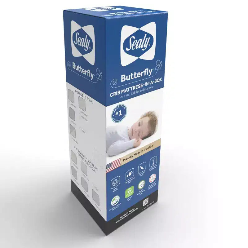Colchón Sealy Butterfly transpirable de punto para cuna y cama infantil: firme, hipoalergénico, funda impermeable, espuma de alta densidad