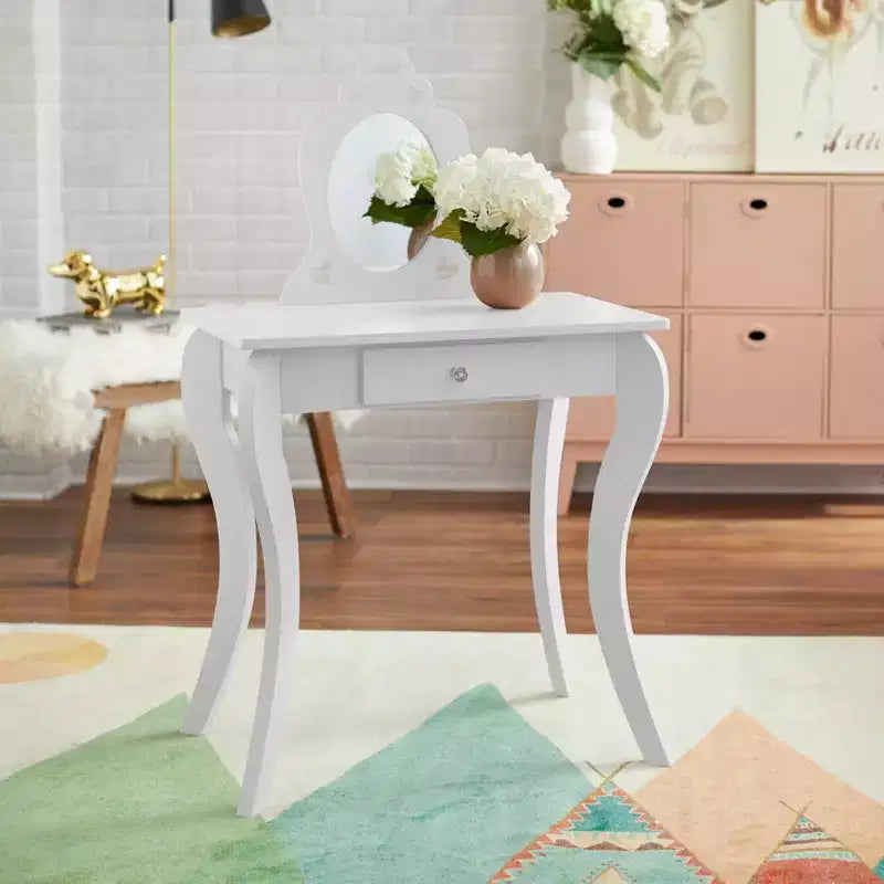 Tocador blanco para niños Alyssa: tocador y taburete para niños pequeños, estructura de MDF, espejo rectangular, capacidad de 50 lb