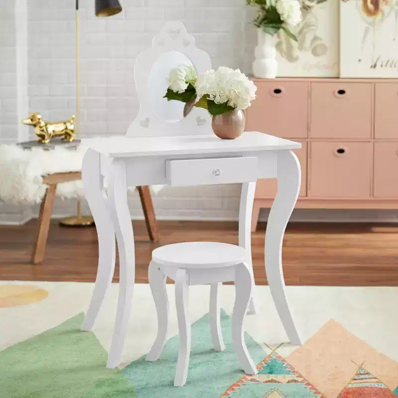 Tocador blanco para niños Alyssa: tocador y taburete para niños pequeños, estructura de MDF, espejo rectangular, capacidad de 50 lb