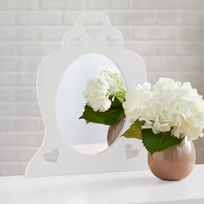 Tocador blanco para niños Alyssa: tocador y taburete para niños pequeños, estructura de MDF, espejo rectangular, capacidad de 50 lb