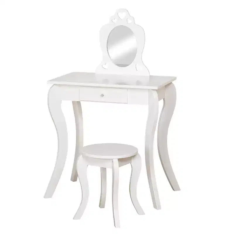 Tocador blanco para niños Alyssa: tocador y taburete para niños pequeños, estructura de MDF, espejo rectangular, capacidad de 50 lb
