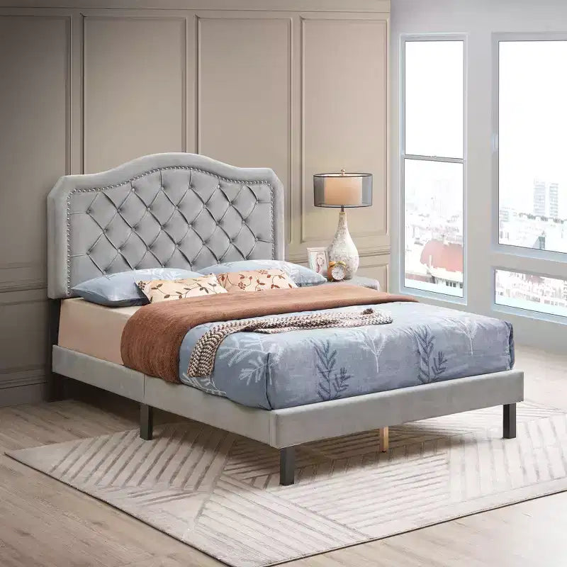 Okak Queen Upholstered Bed Frame with Headboard, Bed Frame with Button Tufted with Curve Design, Strong Wood Slat Support, Gray