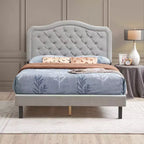 Cama tapizada Okak Queen con cabecero, cama con botones capitoneados y diseño curvo, soporte de listones de madera fuerte, gris
