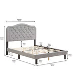 Cama tapizada Okak Queen con cabecero, cama con botones capitoneados y diseño curvo, soporte de listones de madera fuerte, gris