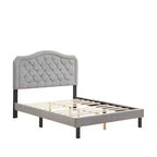 Cama tapizada Okak Queen con cabecero, cama con botones capitoneados y diseño curvo, soporte de listones de madera fuerte, gris