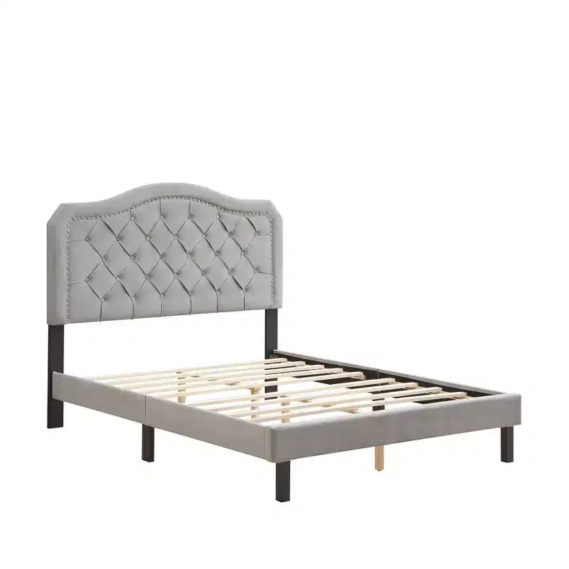 Cama tapizada Okak Queen con cabecero, cama con botones capitoneados y diseño curvo, soporte de listones de madera fuerte, gris