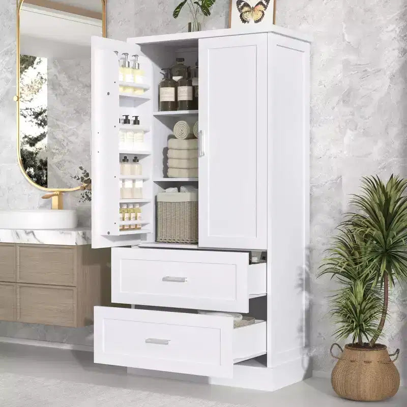 Armario de almacenamiento alto para baño Whisen, Armario con dos puertas y cajones