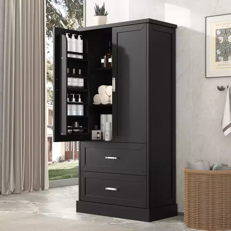 Armario de almacenamiento alto para baño Whisen, Armario con dos puertas y cajones