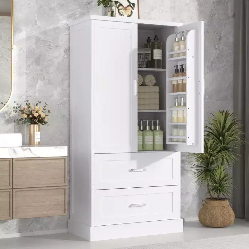 Armario de almacenamiento alto para baño Whisen, Armario con dos puertas y cajones