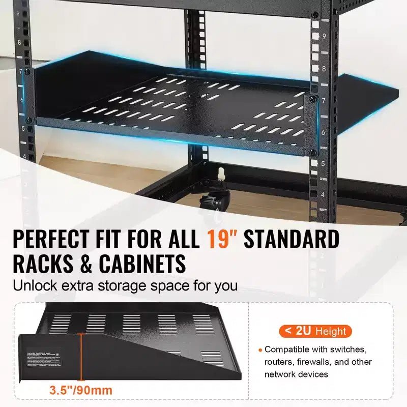Estante de rack de servidor 2U, 16/406 mm de profundidad, 50 libras de capacidad de carga máxima, estante de montaje en rack ventilado tipo voladizo o montaje en pared con bandeja, buena circulación de aire
