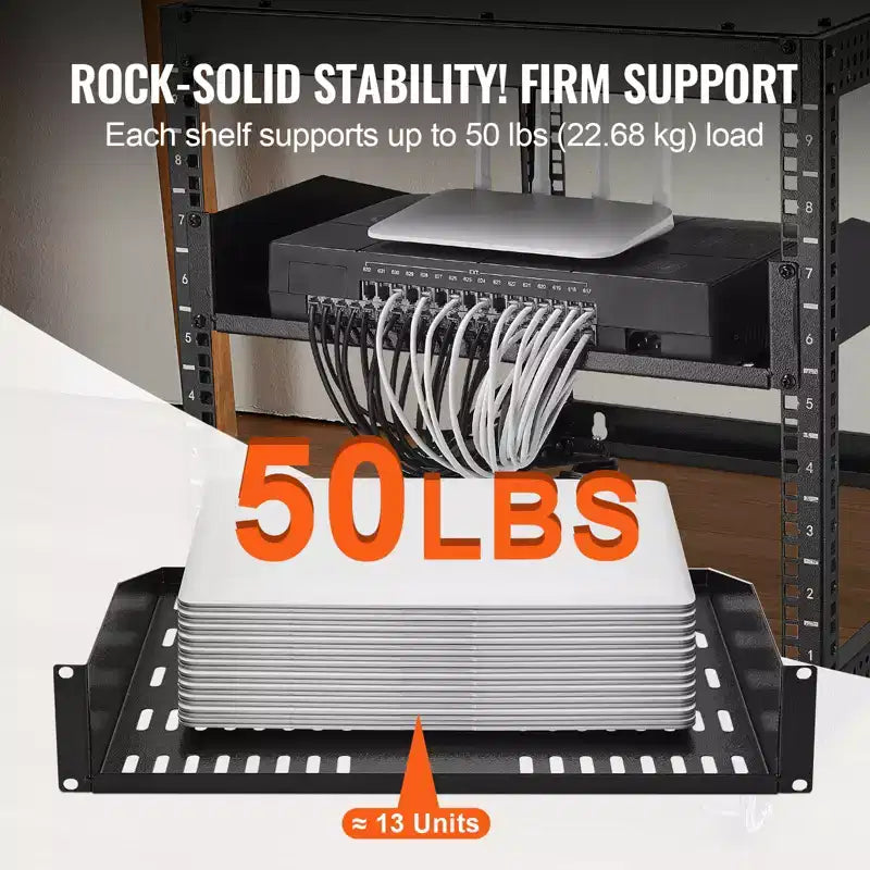 Estante de rack de servidor 2U, 16/406 mm de profundidad, 50 libras de capacidad de carga máxima, estante de montaje en rack ventilado tipo voladizo o montaje en pared con bandeja, buena circulación de aire