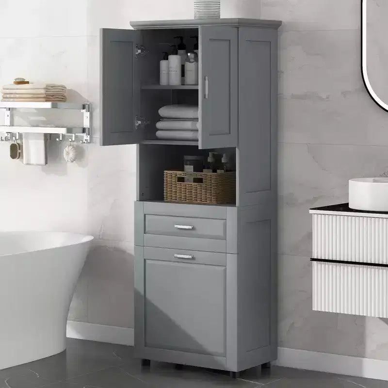 Armario de baño alto con cesto de ropa, gran espacio de almacenamiento, cesto de ropa inclinable y armario superior