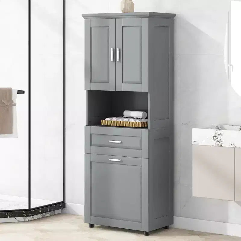 Armario de baño alto con cesto de ropa, gran espacio de almacenamiento, cesto de ropa inclinable y armario superior