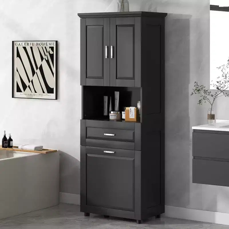 Armario de baño alto con cesto de ropa, gran espacio de almacenamiento, cesto de ropa inclinable y armario superior