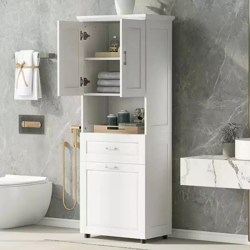 Armario de baño alto con cesto de ropa, gran espacio de almacenamiento, cesto de ropa inclinable y armario superior