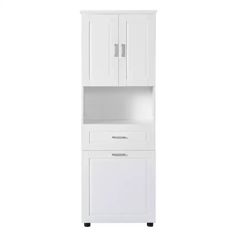Armario de baño alto con cesto de ropa, gran espacio de almacenamiento, cesto de ropa inclinable y armario superior