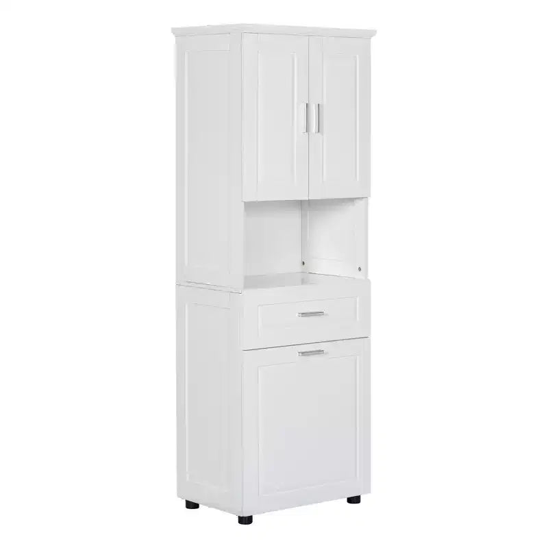 Armario de baño alto con cesto de ropa, gran espacio de almacenamiento, cesto de ropa inclinable y armario superior