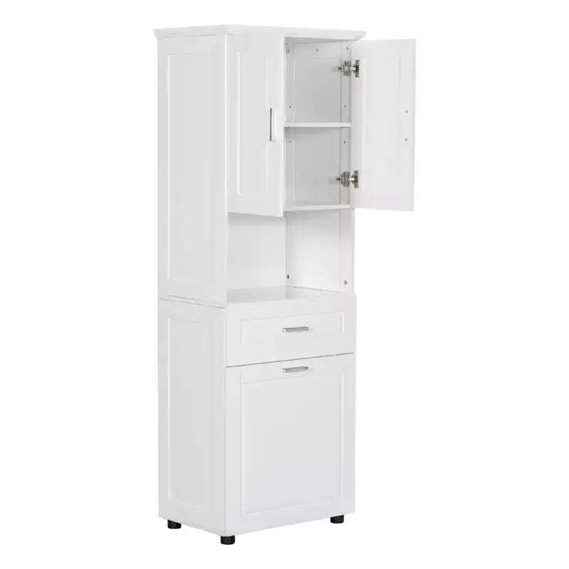 Armario de baño alto con cesto de ropa, gran espacio de almacenamiento, cesto de ropa inclinable y armario superior