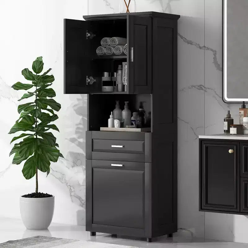 Whisen Tall Bathroom Cabinet with Laundry Basket, Large Storage Space Tilt-Out Laundry Hamper and Upper Storage Cabinet