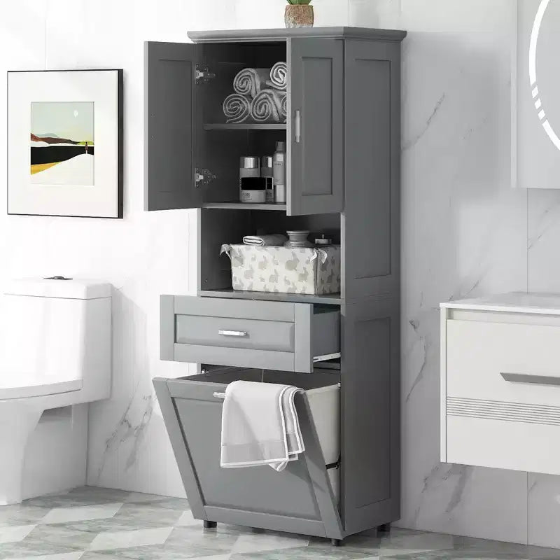 Armario de baño alto con cesto de ropa, gran espacio de almacenamiento, cesto de ropa inclinable y armario superior