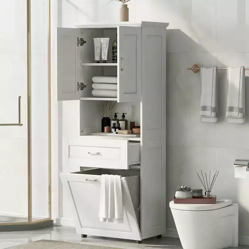 Armario de baño alto con cesto de ropa, gran espacio de almacenamiento, cesto de ropa inclinable y armario superior