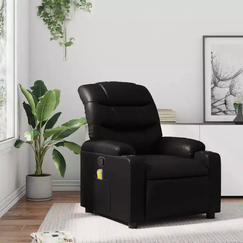 Sillón reclinable de masaje, cuero sintético negro, metal, madera manufacturada, individual