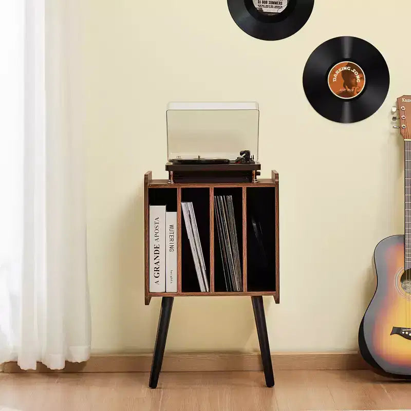 Soporte para tocadiscos, soporte para tocadiscos de 2 niveles con 4 gabinetes, con capacidad para 100 álbumes, gabinete de almacenamiento de discos de vinilo de madera, marrón