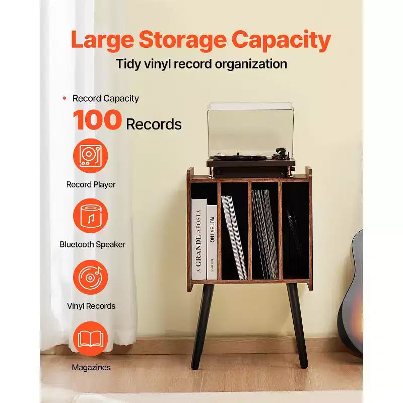Soporte para tocadiscos, soporte para tocadiscos de 2 niveles con 4 gabinetes, con capacidad para 100 álbumes, gabinete de almacenamiento de discos de vinilo de madera, marrón