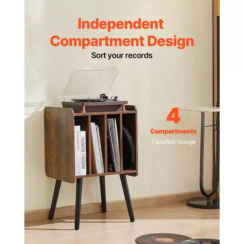Soporte para tocadiscos, soporte para tocadiscos de 2 niveles con 4 gabinetes, con capacidad para 100 álbumes, gabinete de almacenamiento de discos de vinilo de madera, marrón