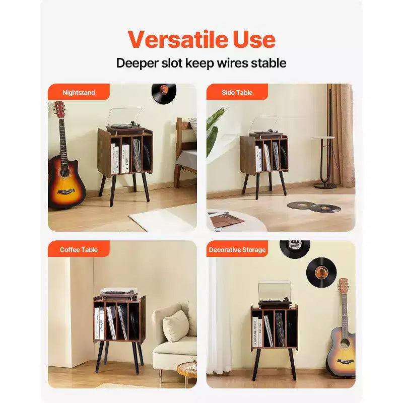 Soporte para tocadiscos, soporte para tocadiscos de 2 niveles con 4 gabinetes, con capacidad para 100 álbumes, gabinete de almacenamiento de discos de vinilo de madera, marrón