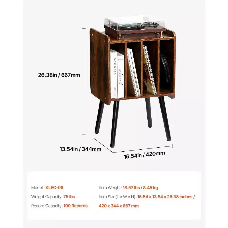Soporte para tocadiscos, soporte para tocadiscos de 2 niveles con 4 gabinetes, con capacidad para 100 álbumes, gabinete de almacenamiento de discos de vinilo de madera, marrón