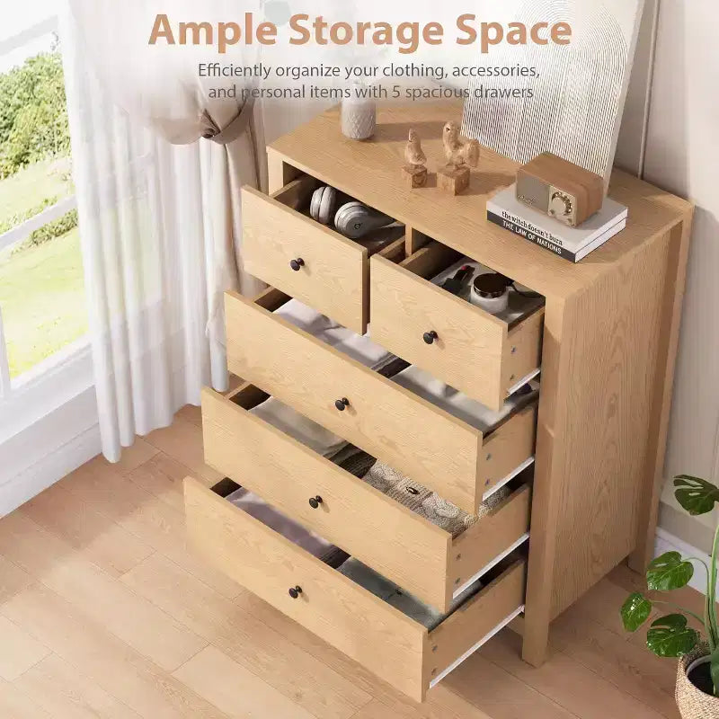 29 Cómoda de 5 cajones con cajones profundos y pomos de metal, cómoda moderna de madera para dormitorio, entrada y habitación infantil