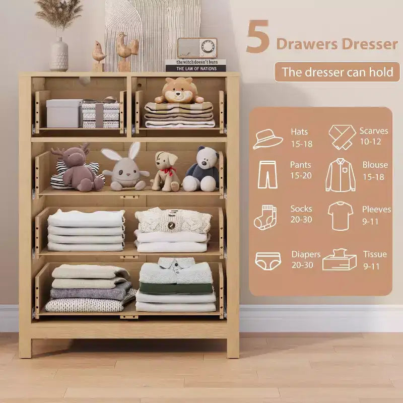 29 Cómoda de 5 cajones con cajones profundos y pomos de metal, cómoda moderna de madera para dormitorio, entrada y habitación infantil