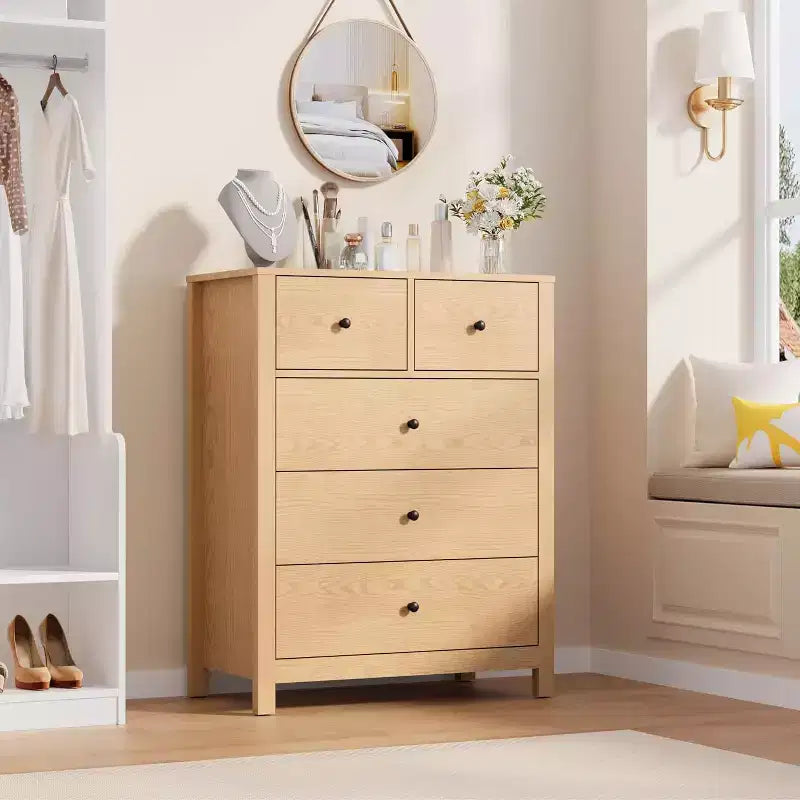 29 Cómoda de 5 cajones con cajones profundos y pomos de metal, cómoda moderna de madera para dormitorio, entrada y habitación infantil