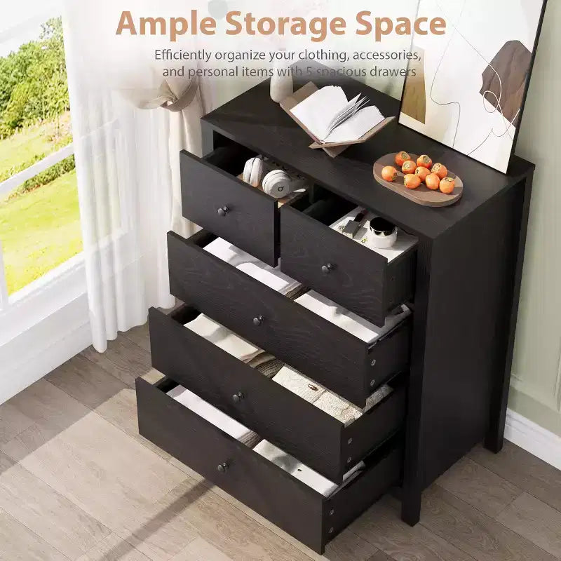 29 Cómoda de 5 cajones con cajones profundos y pomos de metal, cómoda moderna de madera para dormitorio, entrada y habitación infantil