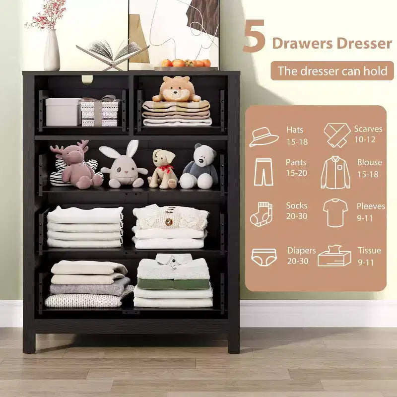 29 Cómoda de 5 cajones con cajones profundos y pomos de metal, cómoda moderna de madera para dormitorio, entrada y habitación infantil