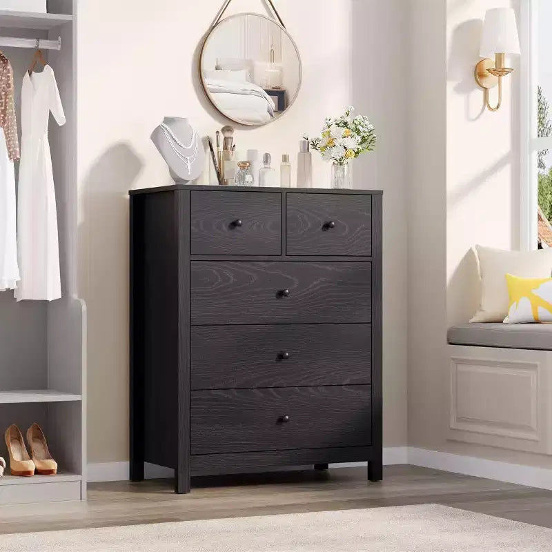 29 5 Drawer Dresser with Deep Drawers & Metal Knobs, Modern Wooden Chest for Bedroom, Entryway & Kids Room