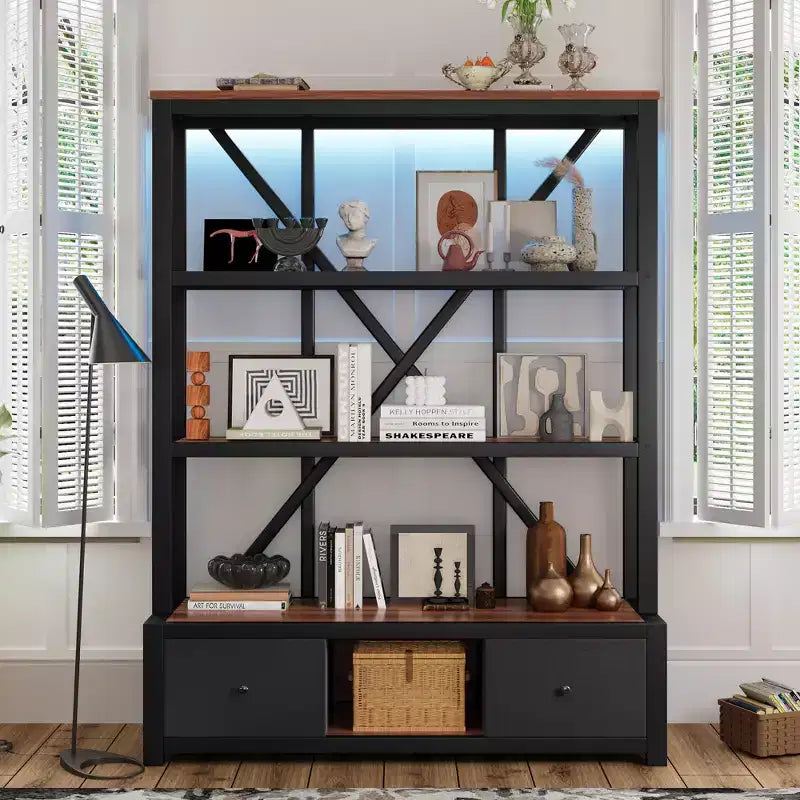 MAYEERTY 3 Shelf Metal Bookshelf with Drawers for Home Open Bookshelf Vintage Industrial Style Shelf with LED Walnut Color