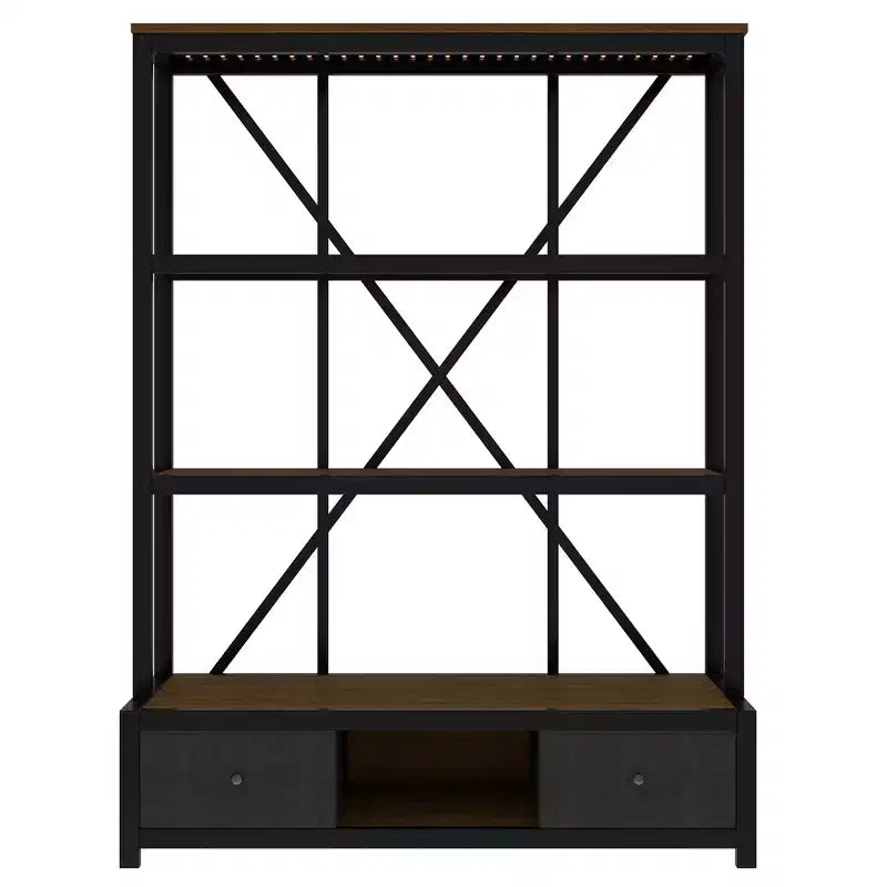 Estantería metálica de 3 estantes con cajones y luz LED, estilo industrial vintage nogal