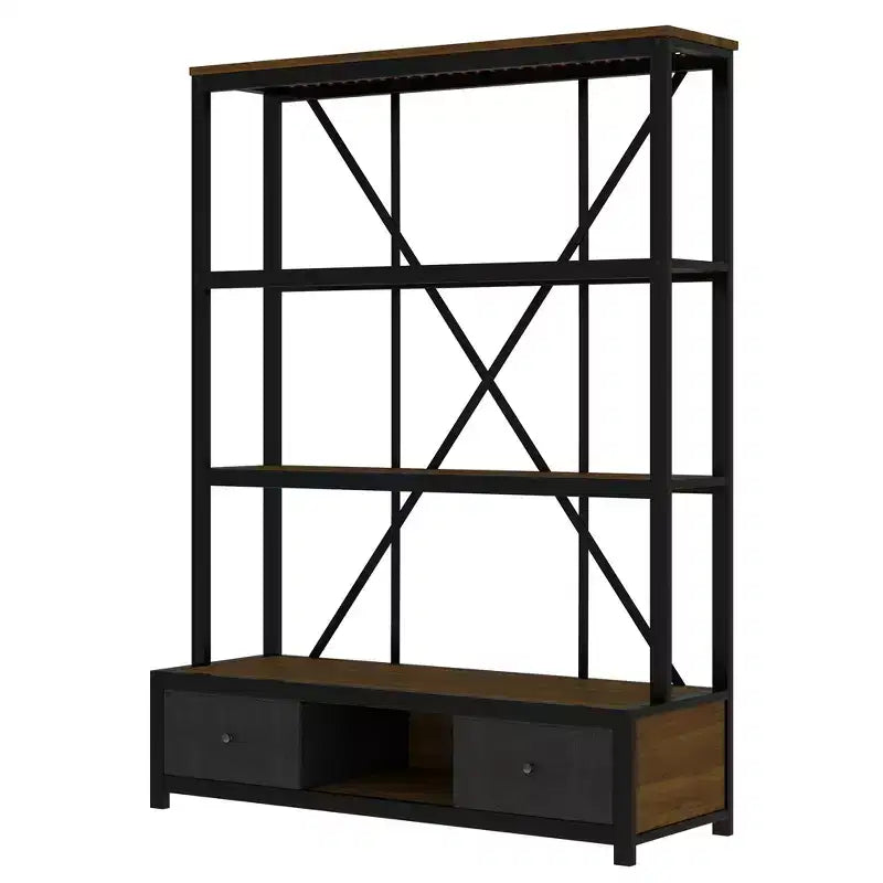 Estantería metálica de 3 estantes con cajones y luz LED, estilo industrial vintage nogal
