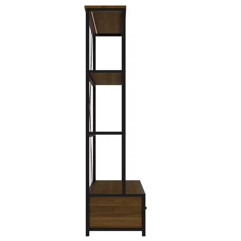 Estantería metálica de 3 estantes con cajones y luz LED, estilo industrial vintage nogal