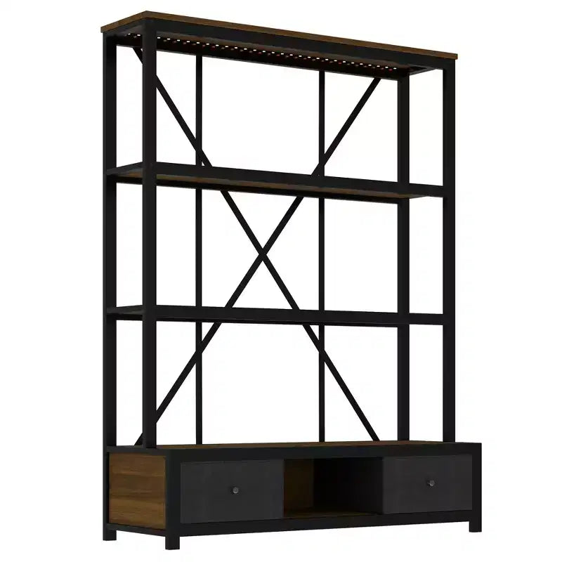 Estantería metálica de 3 estantes con cajones y luz LED, estilo industrial vintage nogal