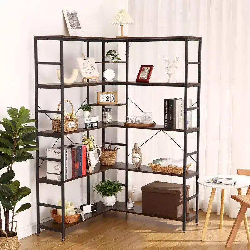5-Tiers Bookcase with Metal Frame, L-Shaped Bookshelf with Curved Panels,Open Bookcase with Storage