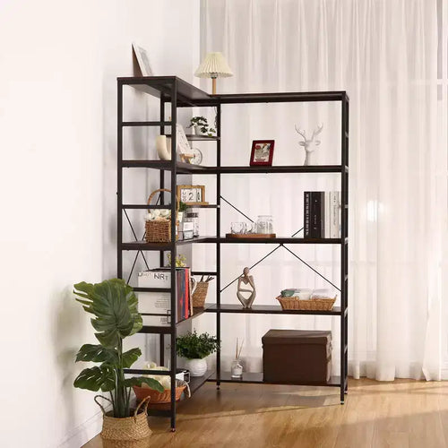 Estantería de 5 niveles con marco de metal, librería en forma de L con paneles curvos, estantería abierta con almacenamiento
