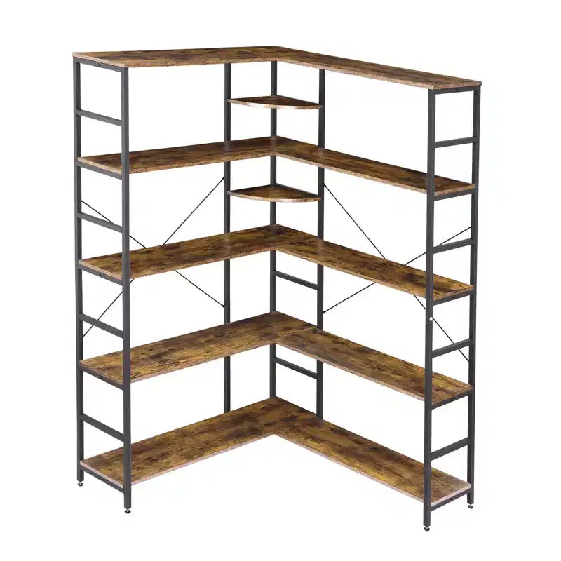 Estantería de 5 niveles con marco de metal, librería en forma de L con paneles curvos, estantería abierta con almacenamiento