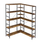 Estantería de 5 niveles con marco de metal, librería en forma de L con paneles curvos, estantería abierta con almacenamiento