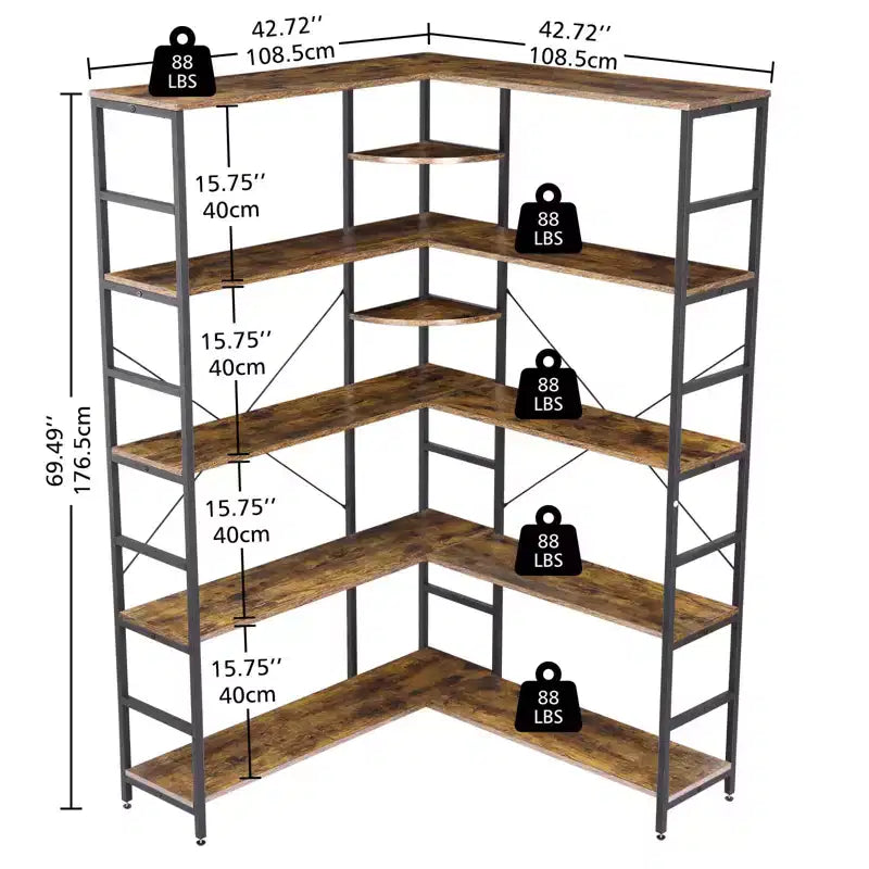 Estantería de 5 niveles con marco de metal, librería en forma de L con paneles curvos, estantería abierta con almacenamiento